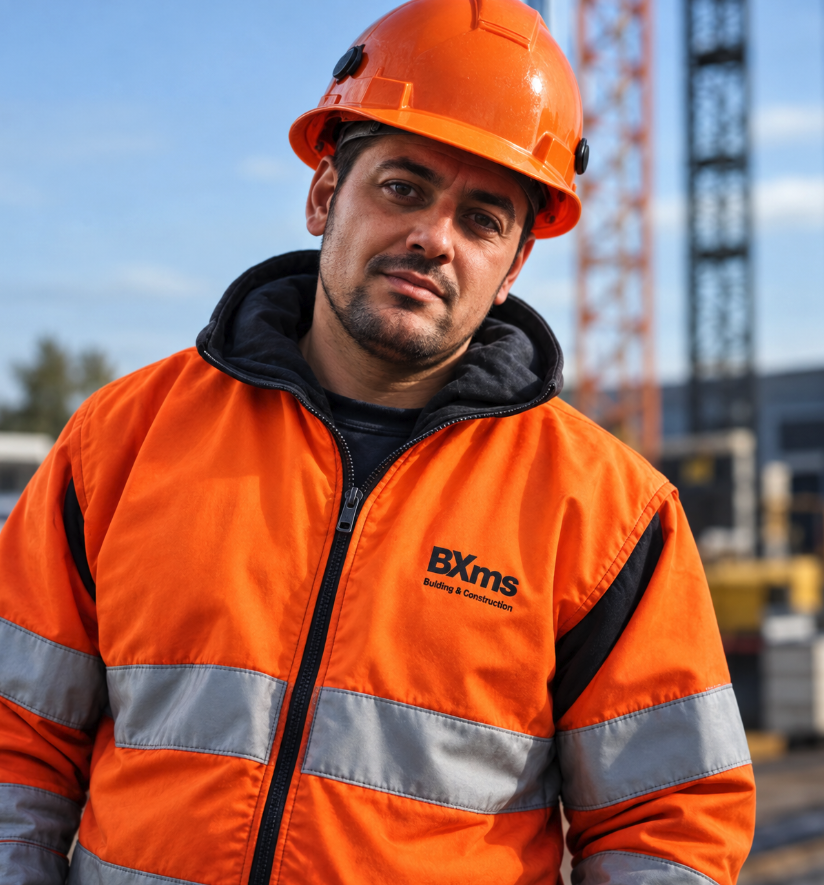 Werknemer in hi-vis werkjas met bedrukt logo